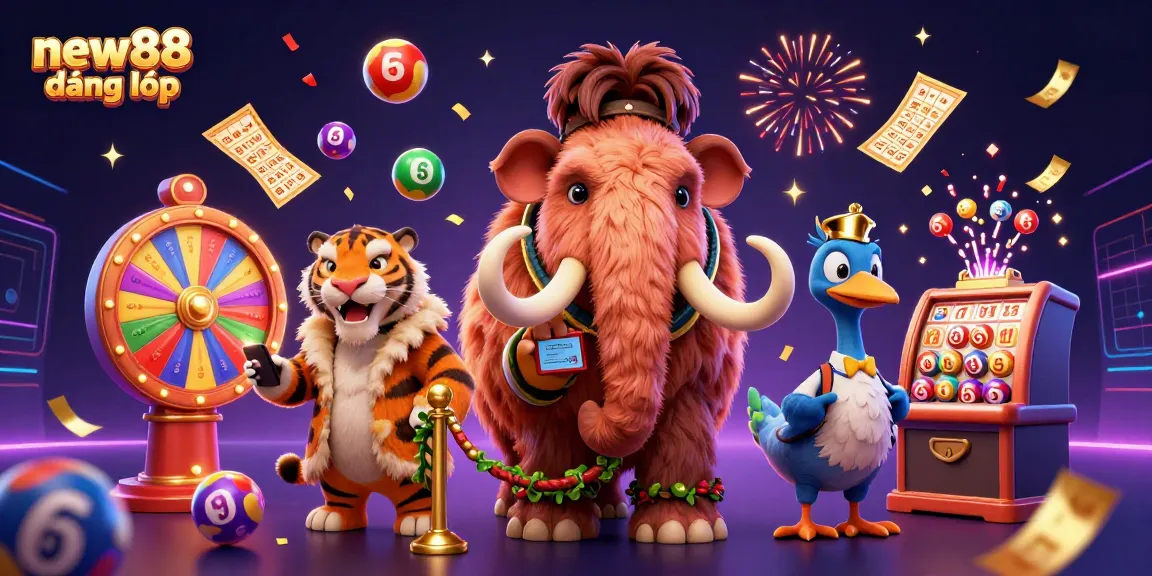 Engage in the vibrant world of new88 đăng nhập with colorful lottery elements and dynamic casino characters.