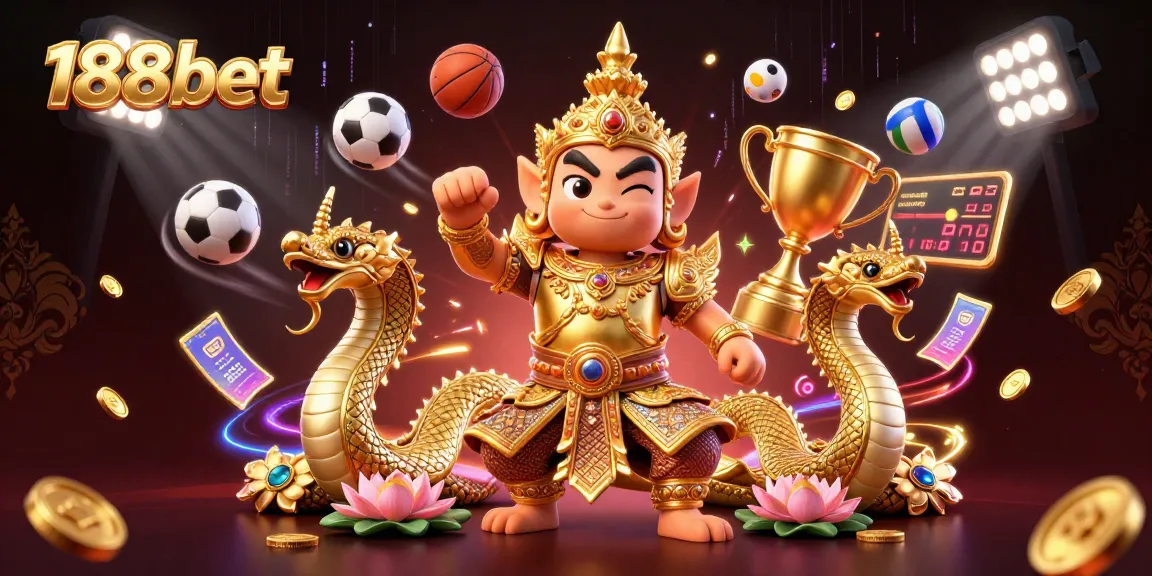 188bet showcases dynamic sports betting excitement with a guardian and Naga in a vibrant 3D casino scene