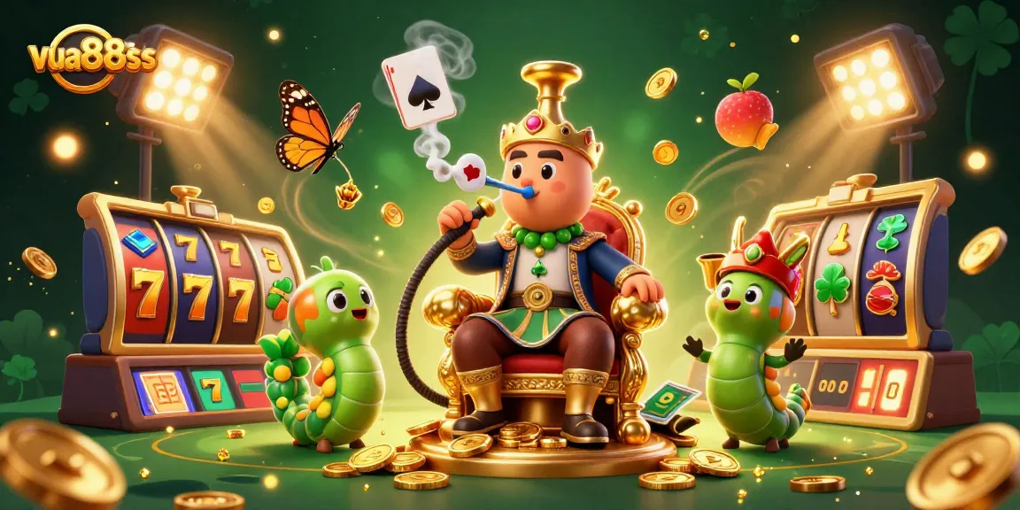 A dynamic scene showcasing the vibrant essence of vua88sss, featuring a caterpillar hookah-master in a Turkish sultan outfit surrounded by slot reels and golden jackpot symbols, emphasizing interactive casino themes.