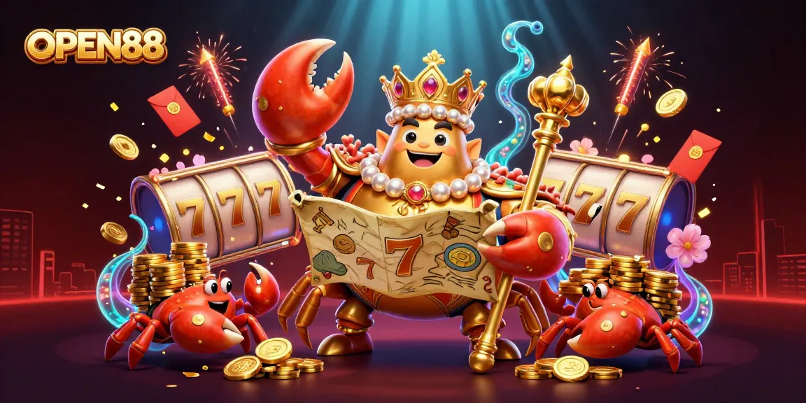 Experience dazzling wins with OPEN88's vibrant gaming scene featuring a golden crab emperor and rich casino elements.