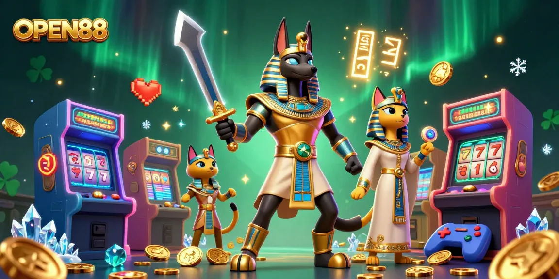 Engage in exciting gameplay at OPEN88 with dynamic 3D representation of casino elements and ancient Egyptian characters.