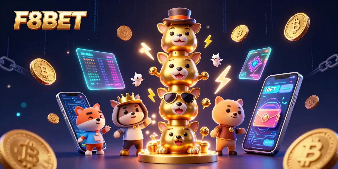 Experience dynamic gaming at F8BET with vibrant 3D casino illustration showcasing crypto elements and excitement.