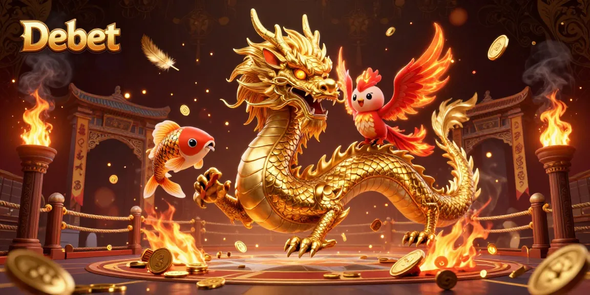 Engage with Debet's thrilling casino experience featuring a golden dragon and a phoenix amidst a vibrant, dynamic scene.
