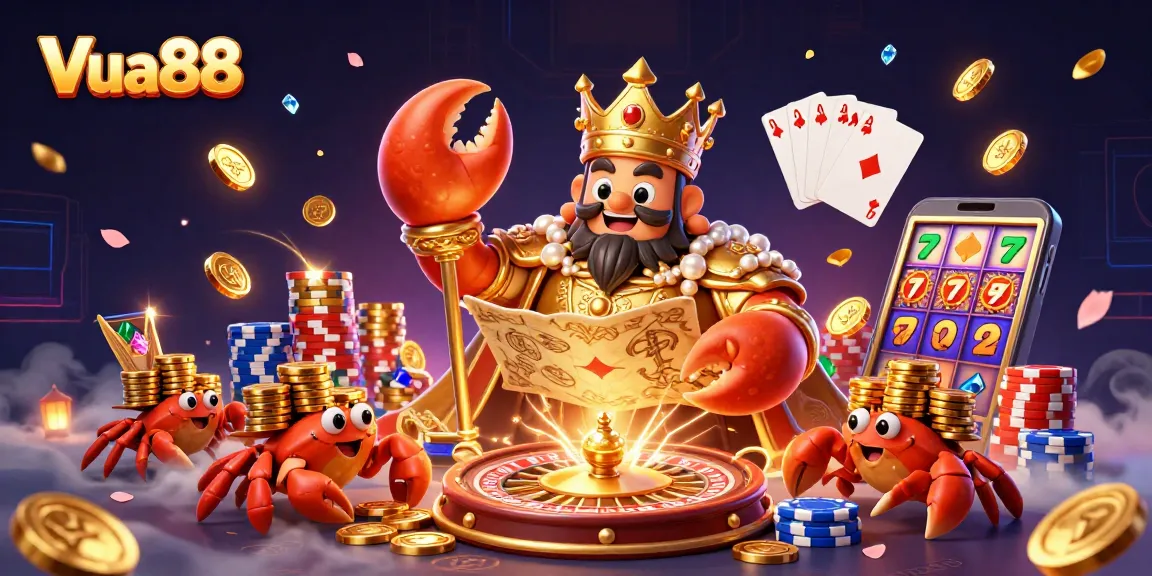 Experience the excitement of Vua88 with vibrant casino elements, including a golden crab emperor and rich gameplay.