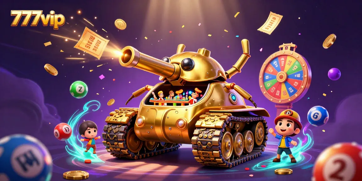 Win big with 777vip in this vibrant casino scene featuring golden beetle tank and lottery elements.