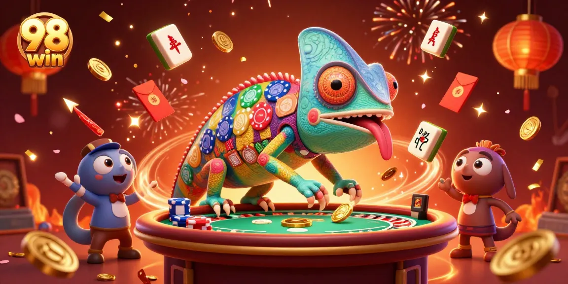 Engage in thrilling wins at 98 win casino with chameleon owner amidst colorful game elements.
