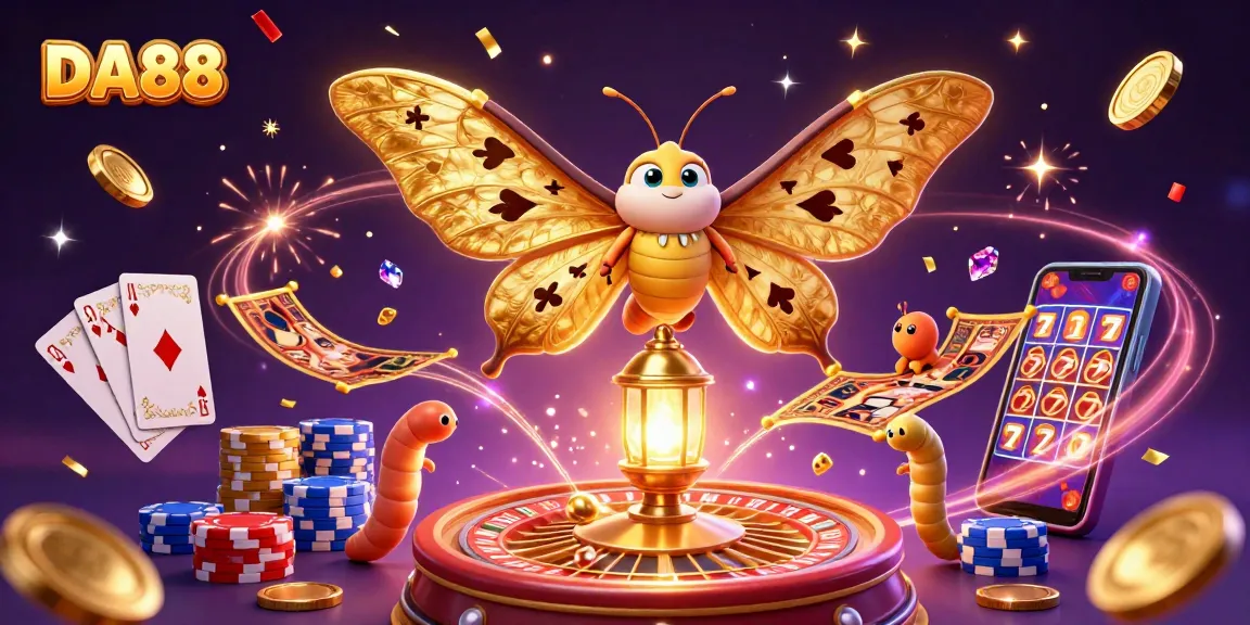 Engage with DA88 in a vibrant casino scene, featuring golden coins, roulette, and a royal flush.