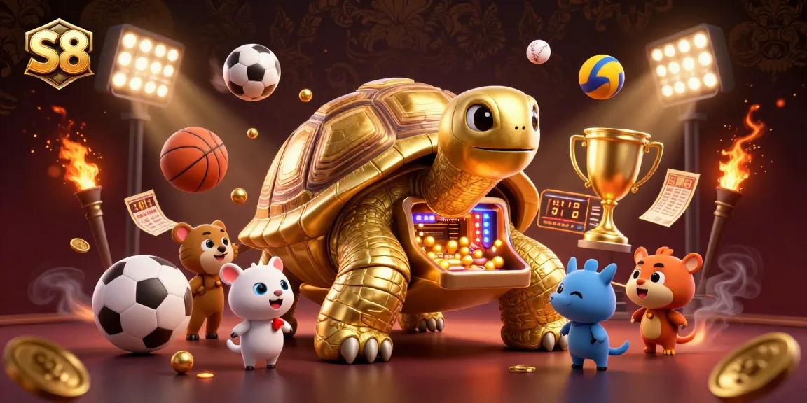 S8 captures exhilarating sports betting excitement with a golden tortoise and dynamic sports elements.