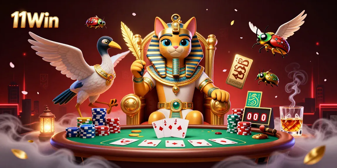 Play high-stakes poker with 11Win, featuring a royal Egyptian-themed casino scene.