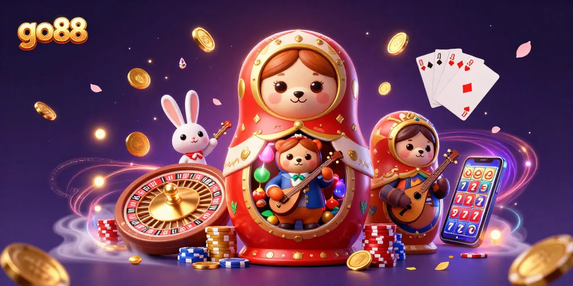Experience the excitement of go 88 with colorful casino elements and dynamic action in a 3D illustration.