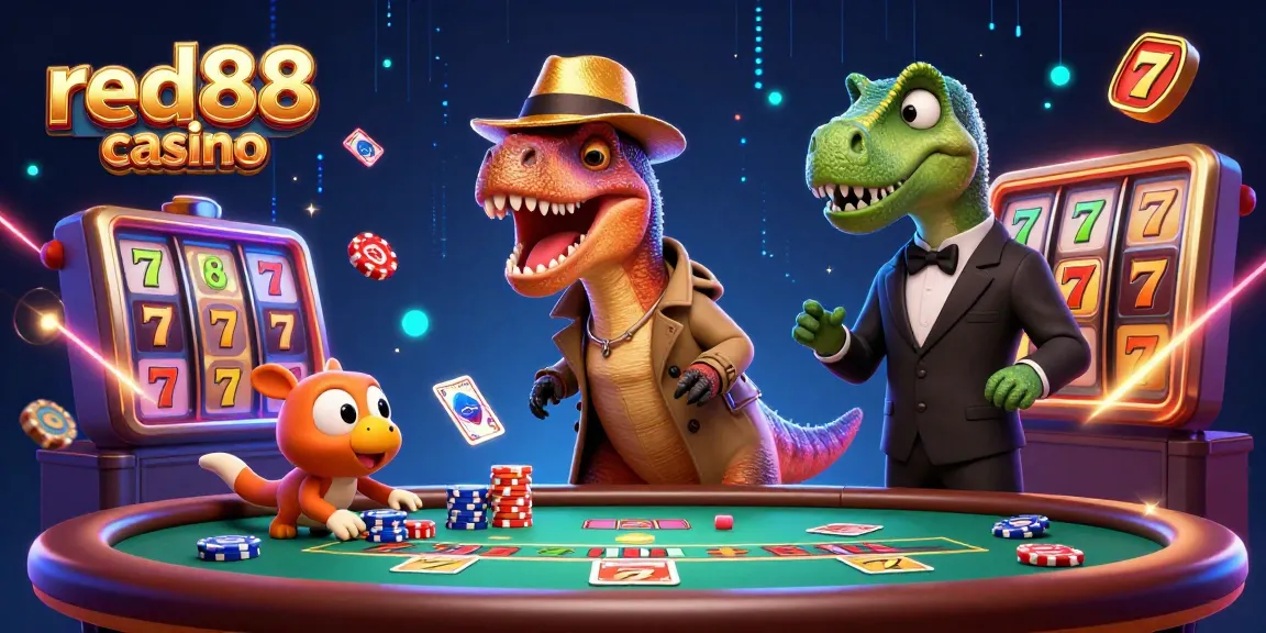 Experience thrilling card games at red88 casino featuring animated dinosaur characters.