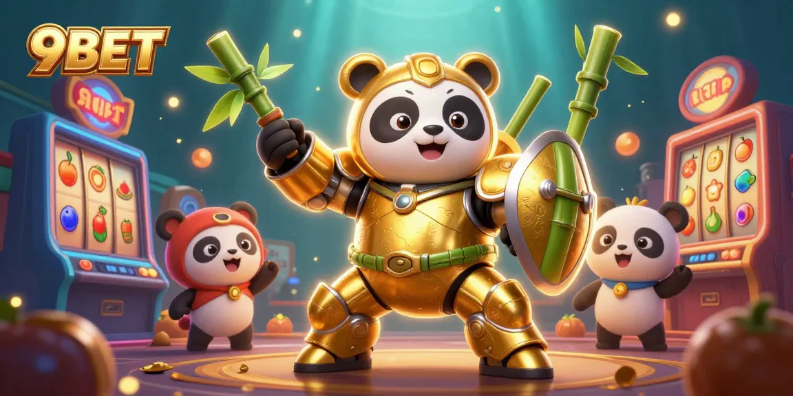 Engage with thrilling casino action featuring 9BET in a vibrant arena filled with slot machines and dynamic characters.