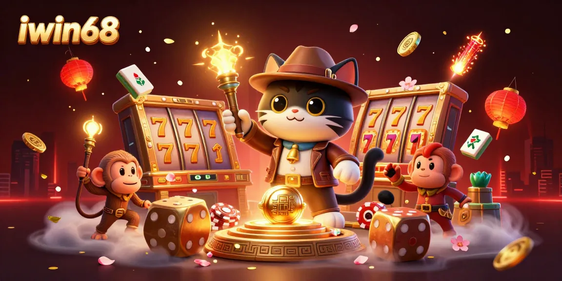 Experience the thrill of iwin68 as the adventurous cat uncovers golden casino treasures surrounded by vibrant game elements.