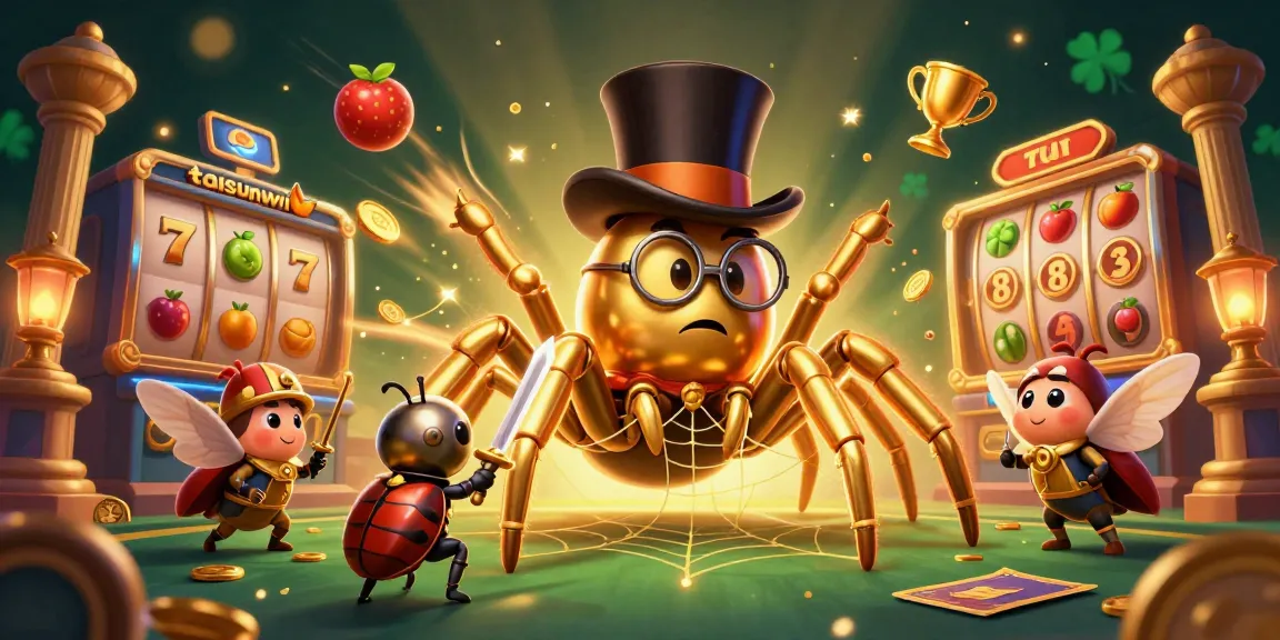 Experience the thrilling slots excitement at taisunwin with dynamic illustration of a golden tarantula and beetle knight.