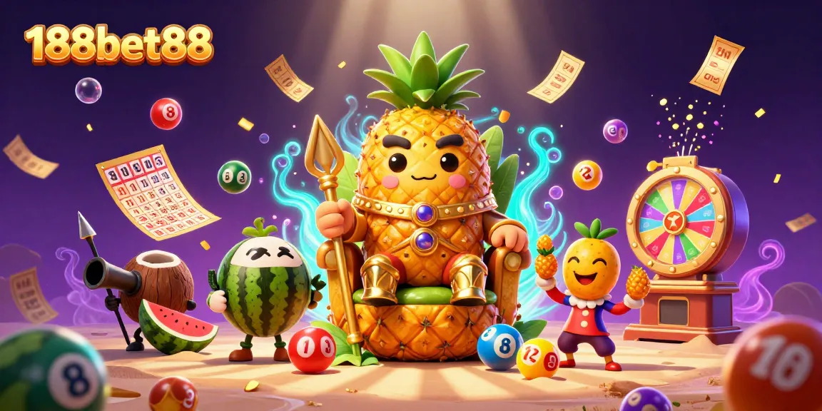 Win big with 188bet88 in a vibrant casino scene featuring the golden pineapple king and exciting game elements.