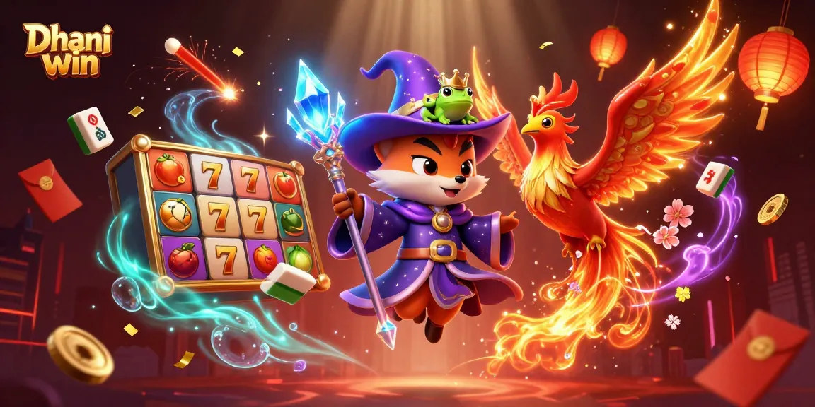Dhani win captures thrilling jackpot excitement with a mystical fox wizard, phoenix, and vibrant casino elements.