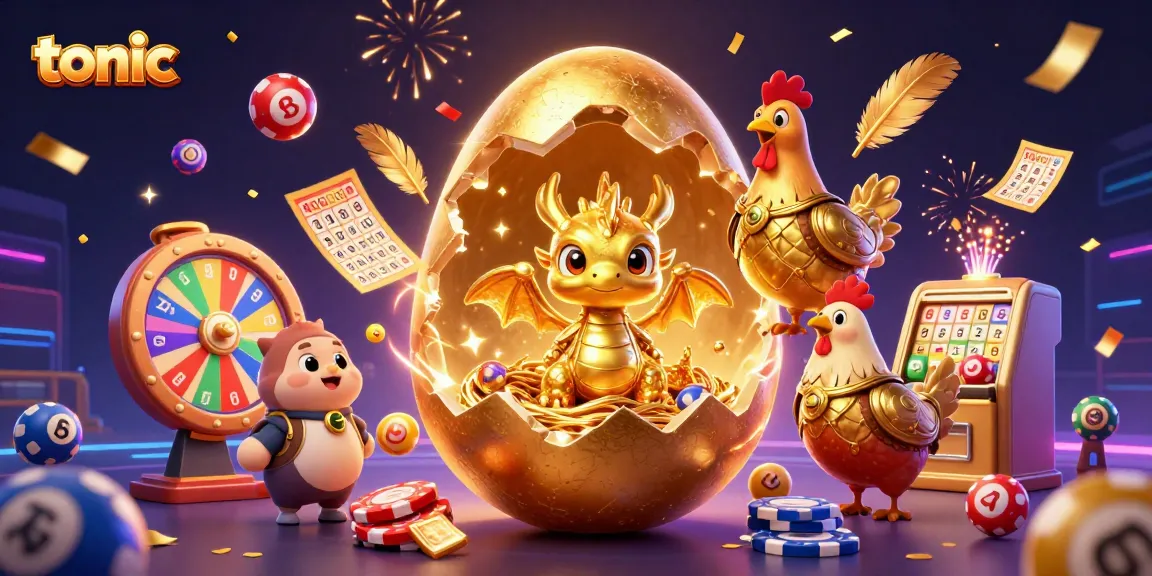 Experience thrilling casino action with tonic, featuring golden dragon, poker chips, and festive lottery elements.