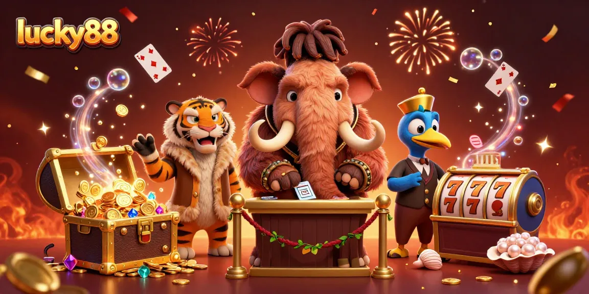Experience lucky88 action with a dynamic casino scene featuring a mammoth, saber-tooth tiger, and dodo.