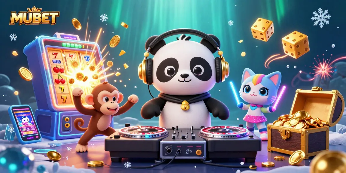 MUBET showcases a vibrant casino scene with DJ panda, breakdancing monkey, and glowing kitten amid jackpot winnings.