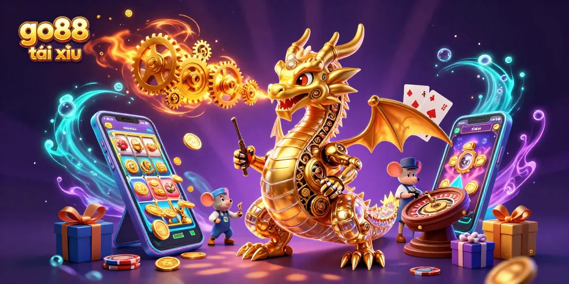 Engage with go88 tài xỉu as a golden dragon breathes gears, with casino elements surrounding it.