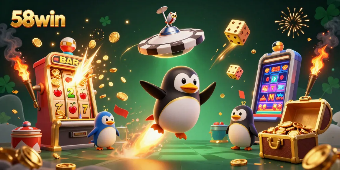 Experience the thrill of 58win's vibrant casino world with a golden penguin and jackpot explosions.