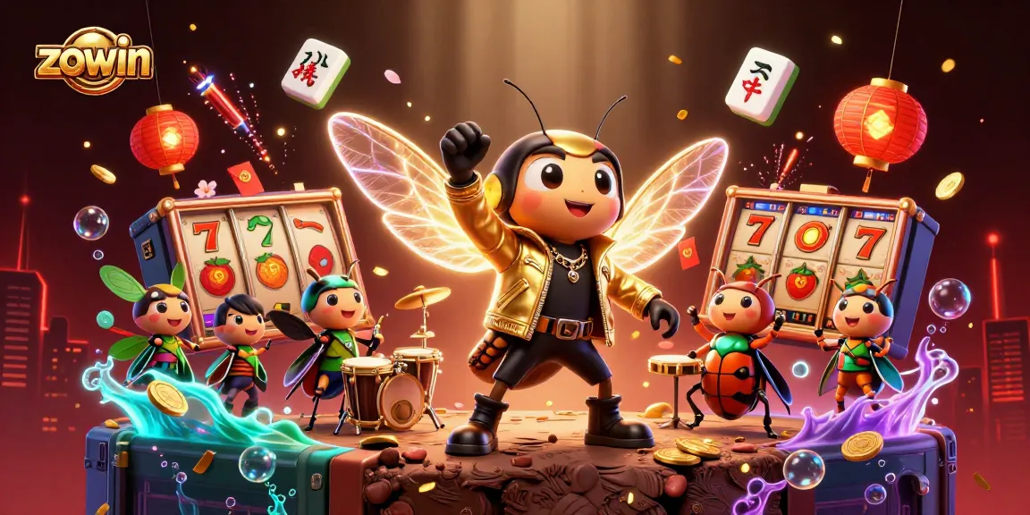 Zowin-themed casino illustration with a cicada rock star, slot reels, and magical elements.