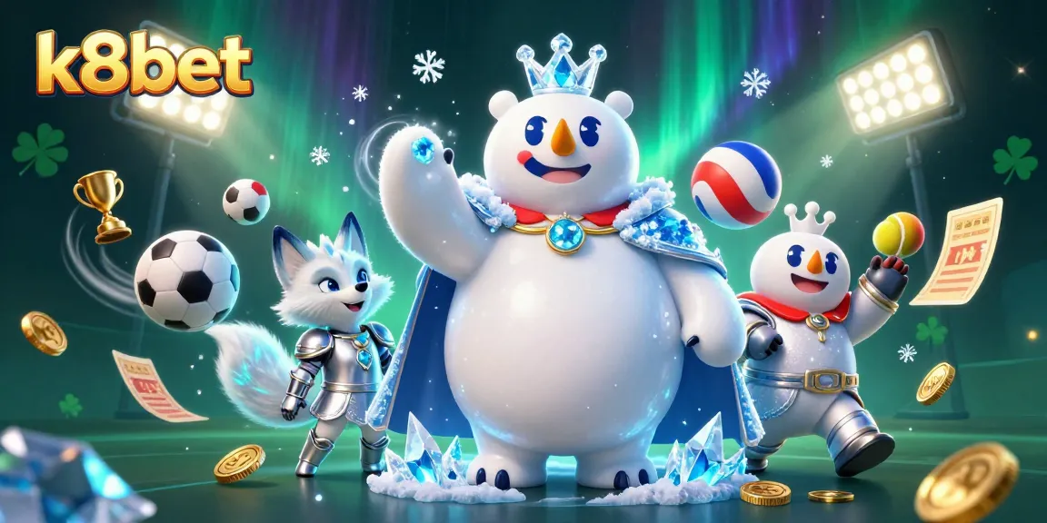 K8bet redefines sports betting with a vibrant, action-packed scene featuring a polar bear king and a snow fox in an engaging environment.