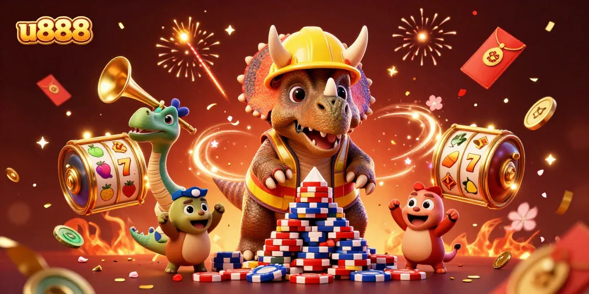 Win big at u888 with a vibrant 3D casino scene featuring cheerful dinosaurs and explosive celebrations.