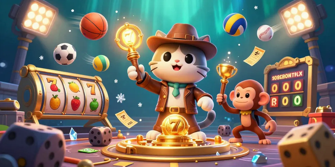 Experience the excitement of situs 5k with a dynamic scene featuring an explorer cat, slot reels, and sports elements.