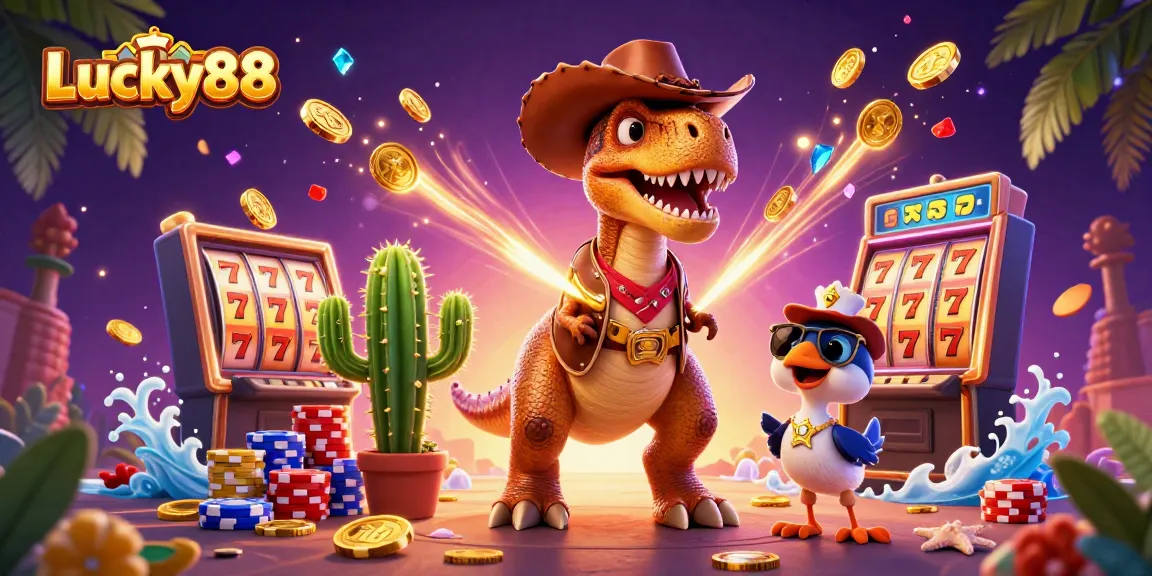 Experience Lucky88 slot excitement with vibrant characters and dynamic casino elements in this energetic scene.