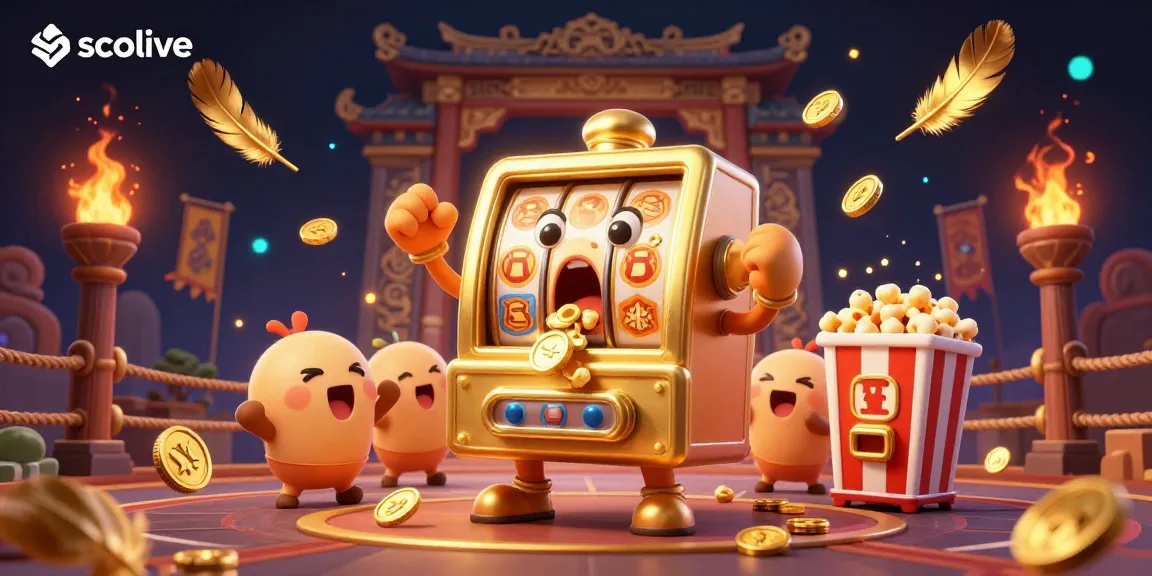 Socolive showcases an animated golden slot machine celebrating its jackpot amidst cheering slots and betting tokens.