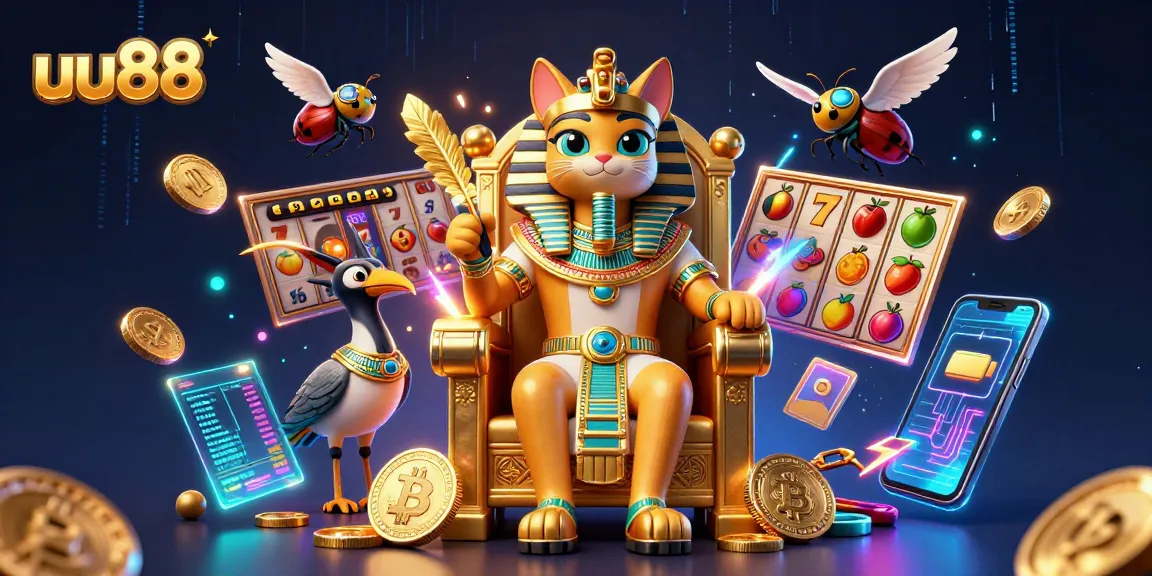Engage with uu88's thrilling jackpot slots featuring an Egyptian pharaoh cat in a vibrant casino scene.