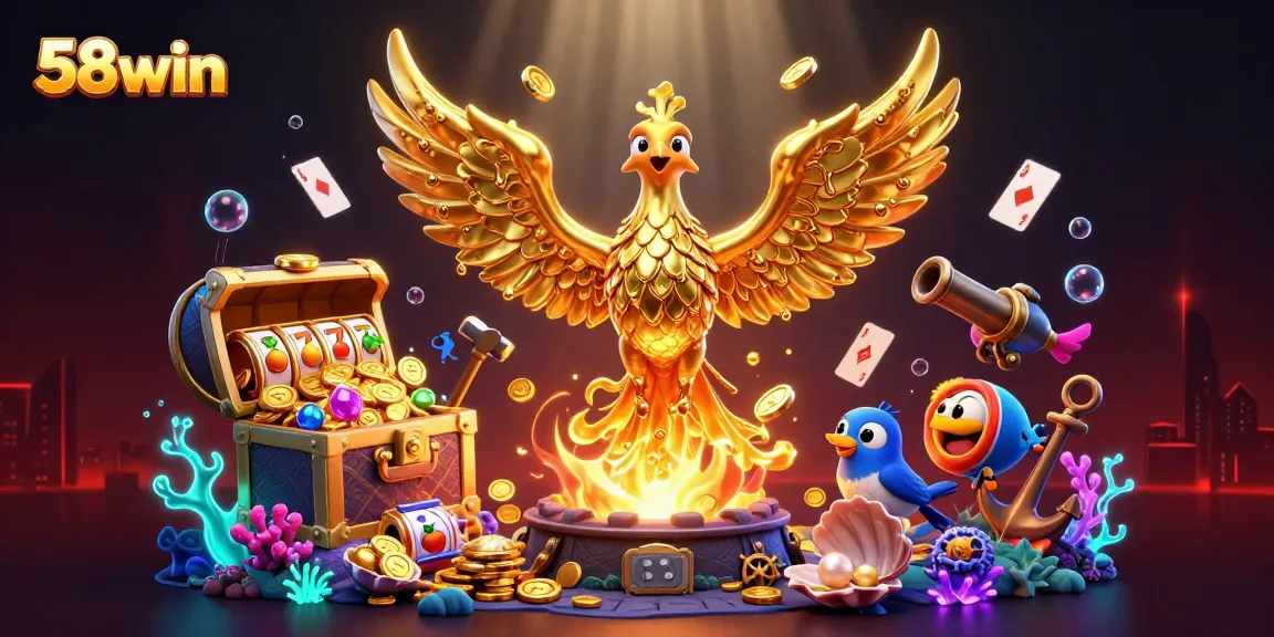 Experience the thrill of 58win with a golden phoenix amidst dynamic casino elements.
