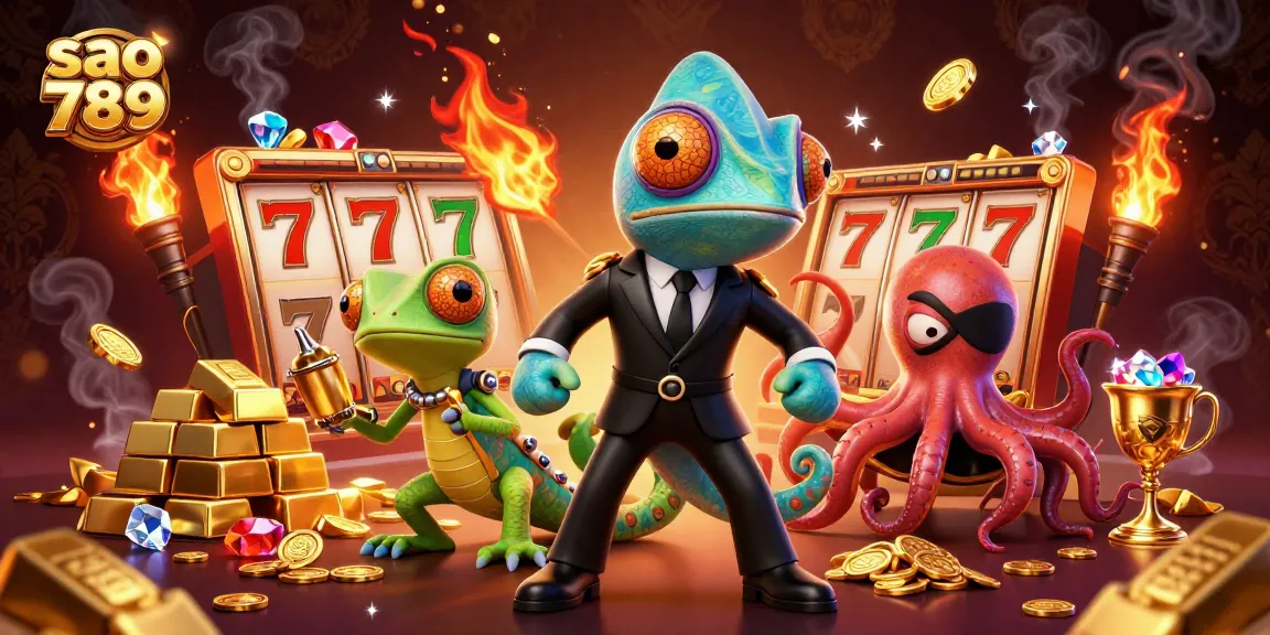 Engage with the vibrant world of sao 789, featuring a colorful chameleon, tech gecko, and villainous octopus in a dynamic casino setting.
