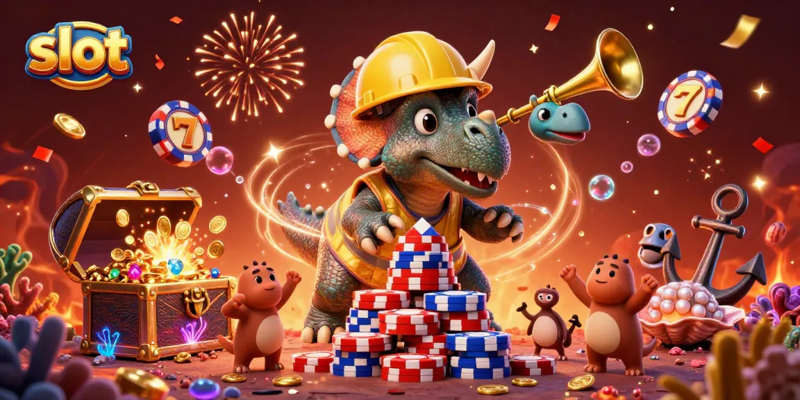 Enjoy thrilling slot action with a vibrant scene of slot reels, an animated triceratops, and colorful casino elements.