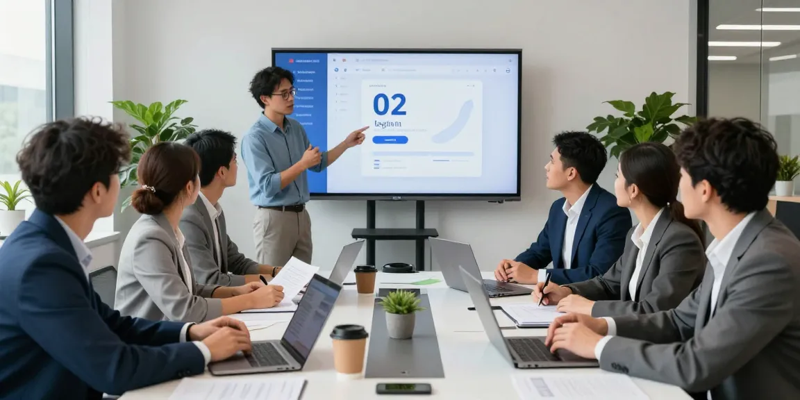 Team discussing strategies while presenting the '02 login business' interface in a modern office.