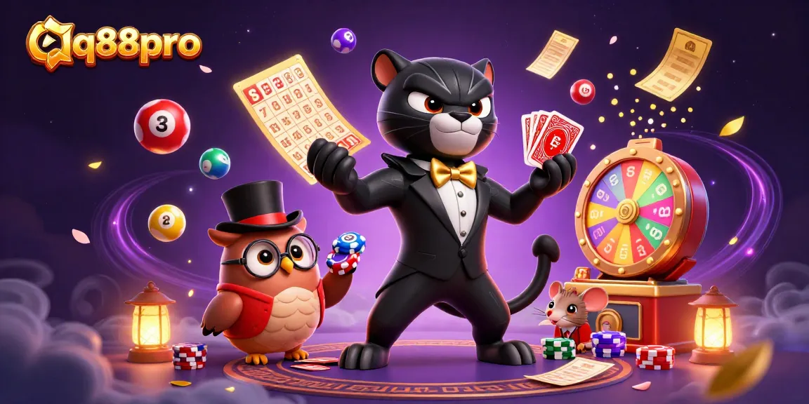 Experience thrilling gameplay at qq88pro with a stylish panther dealer, poker chips, and dynamic lottery elements.