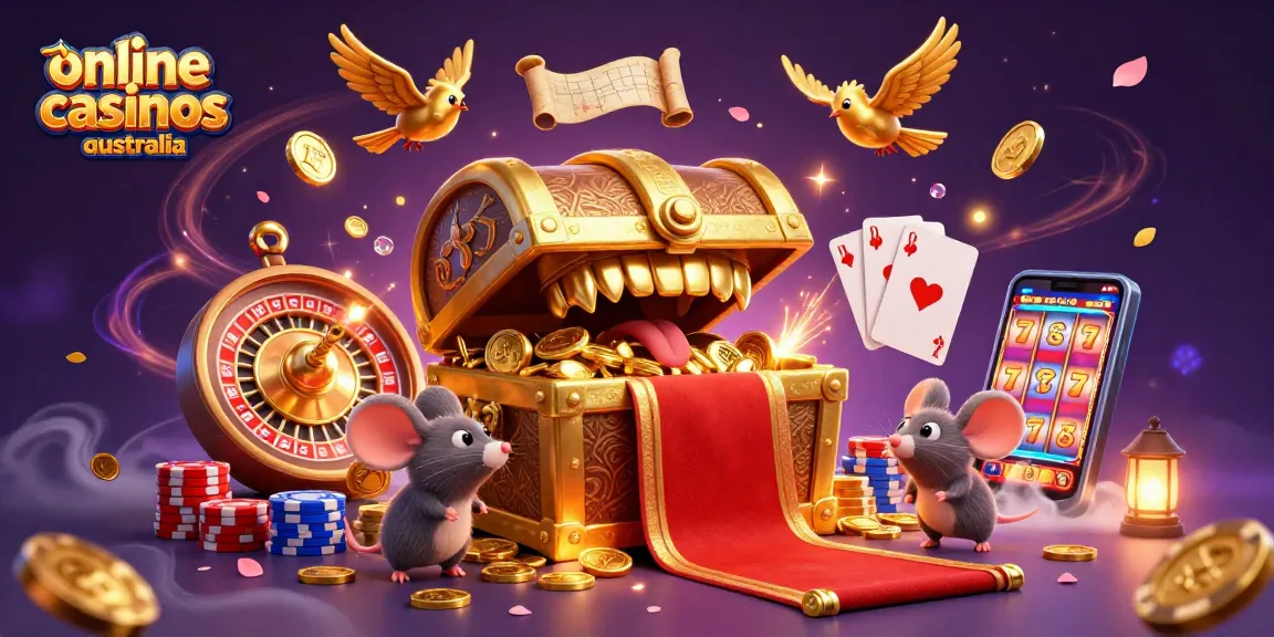 Experience online casinos Australia with this vibrant 3D illustration of treasure and gaming elements.