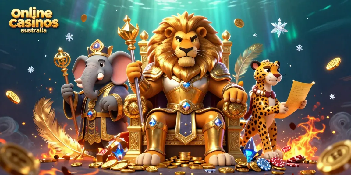 Experience the thrill of online casinos Australia with a vibrant, cartoon-inspired casino scene featuring a lion king and games.
