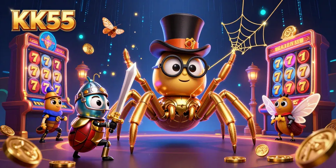 Experience KK55's slot gaming excitement with a vibrant scene of characters and casino elements.