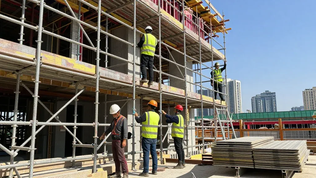 Efficient commercial scaffolding installation by skilled team on urban construction site, showcasing teamwork and safety.