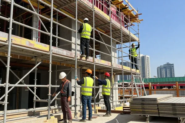 Efficient commercial scaffolding installation by skilled team on urban construction site, showcasing teamwork and safety.