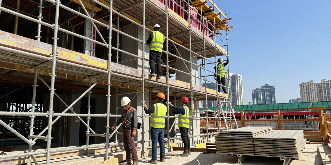 Efficient commercial scaffolding installation by skilled team on urban construction site, showcasing teamwork and safety.