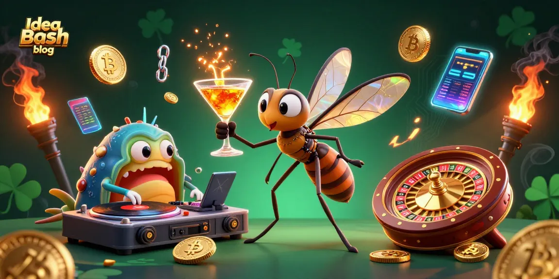 Engage with ultimate gaming thrills in the Idea Bash blog with a casino scene featuring crypto elements and vibrant illustrations.