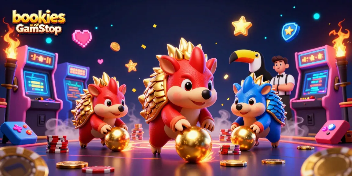Engaging scene of bookies not on GamStop with dynamic pangolins rolling through poker chips in vibrant casino atmosphere.