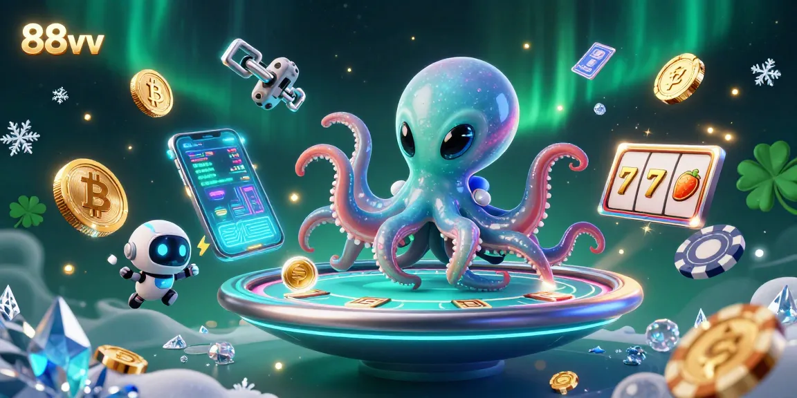 88vv poker alien octopus with holographic table and crypto coins in vibrant casino scene