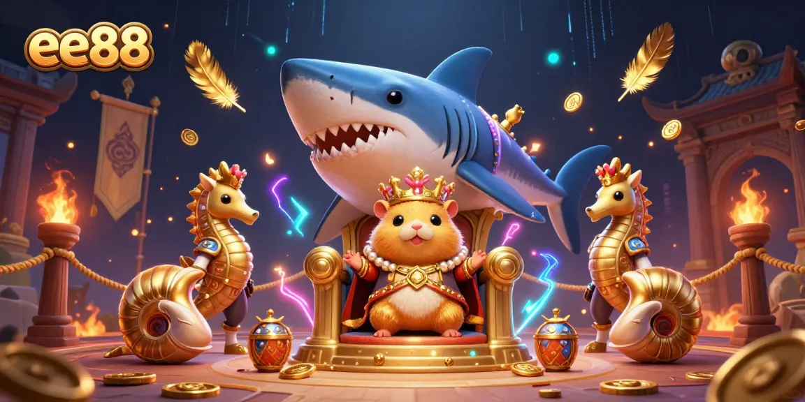 Experience thrilling action at ee88 with a fierce golden hamster king in a megalodon throne surrounded by seahorse guards.