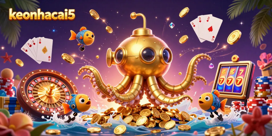 Experience the thrill of chance with keonhacai5, featuring a dynamic casino scene with golden kraken and rolling roulette.