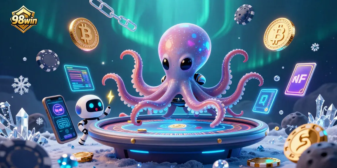 Engage with the vibrant 98win cosmic poker scene featuring alien characters and dynamic crypto elements.