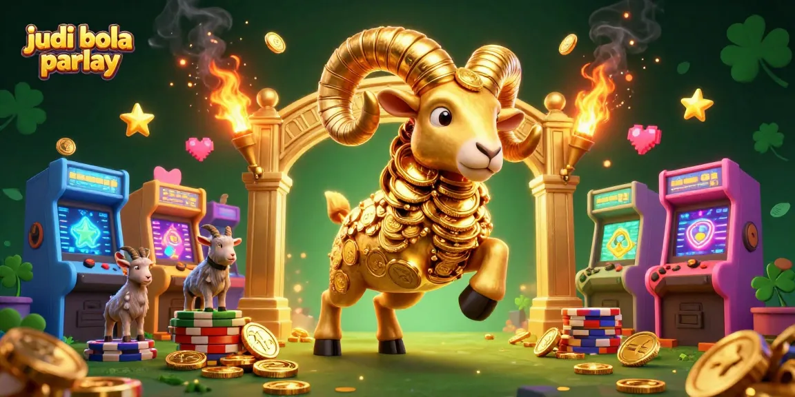 Experience thrilling judi bola parlay action with golden ram and game elements in vibrant illustration.